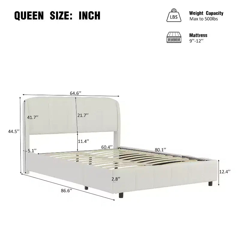 Letto imbottito a piattaforma Queen/King Size con testiera morbida, a forma curva, beige - ModernLuxe