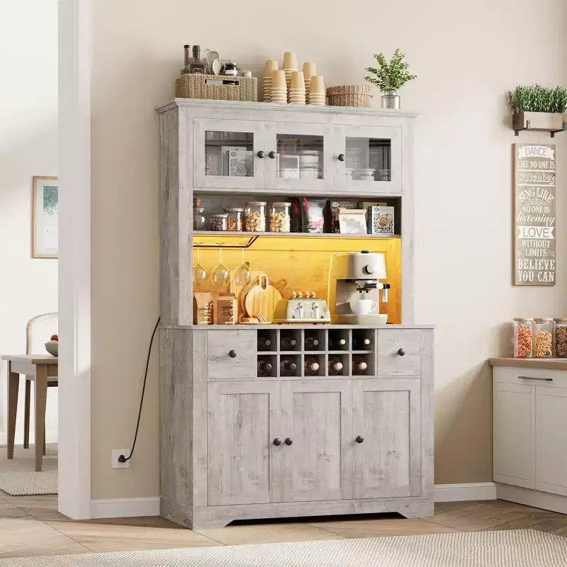 Dispensa da cucina stile rustico con piano d'appoggio, cassetti, ripiani regolabili e portabottiglie da 174,5 cm