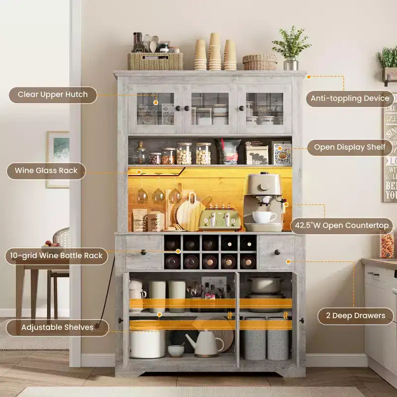 Dispensa da cucina stile rustico con piano d'appoggio, cassetti, ripiani regolabili e portabottiglie da 174,5 cm