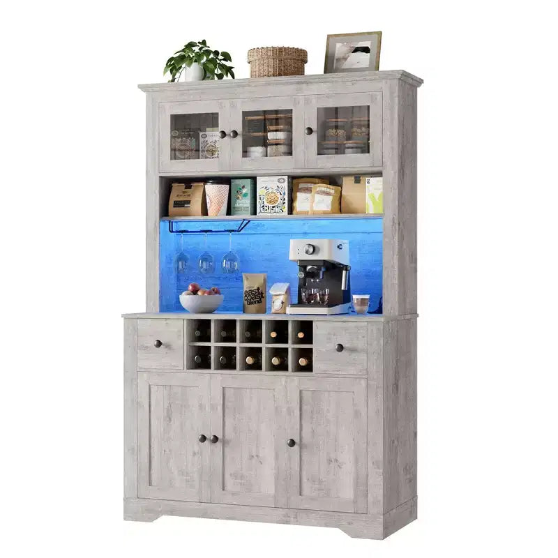 Dispensa da cucina stile rustico con piano d'appoggio, cassetti, ripiani regolabili e portabottiglie da 174,5 cm
