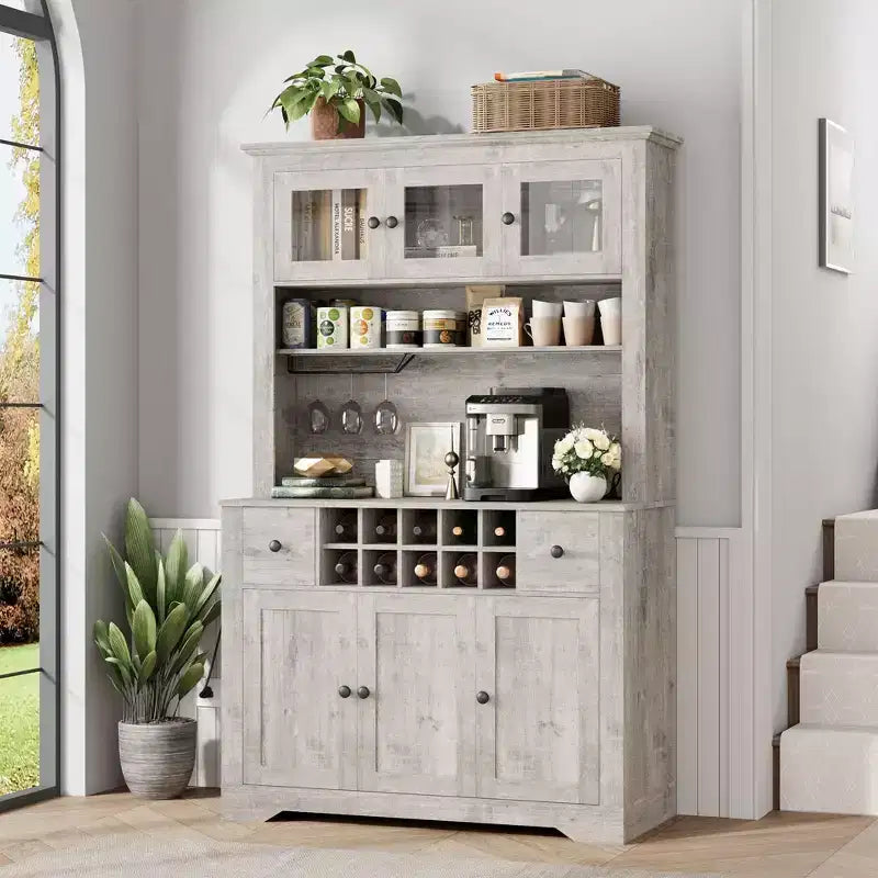 Dispensa da cucina stile rustico con piano d'appoggio, cassetti, ripiani regolabili e portabottiglie da 174,5 cm