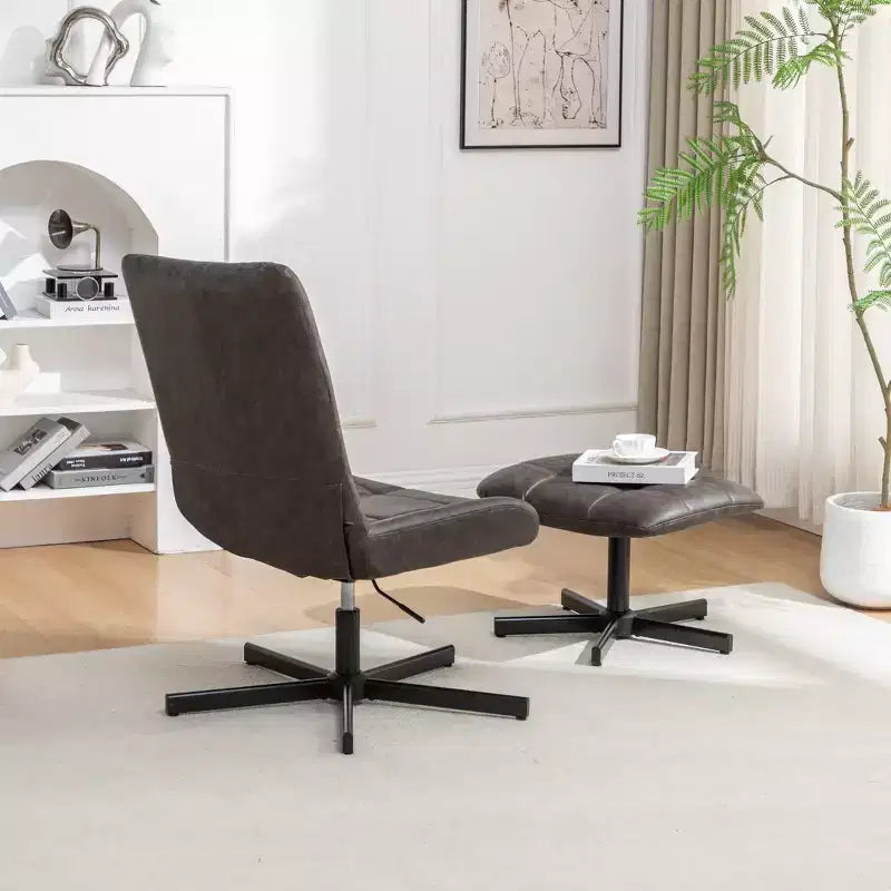 Set Divano e Pouf Imbottiti in Similpelle a 2 Pezzi con Base in Metallo per Soggiorno