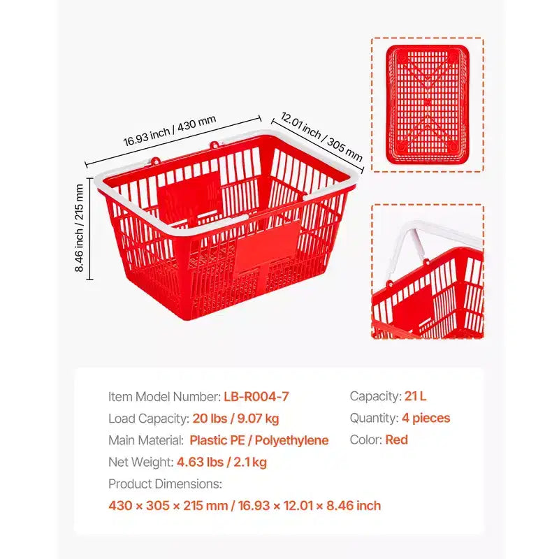 Confezione da 4 cestini impilabili in PE da 21 litri con manici, rete fitta, capacità 9 kg, colore rosso