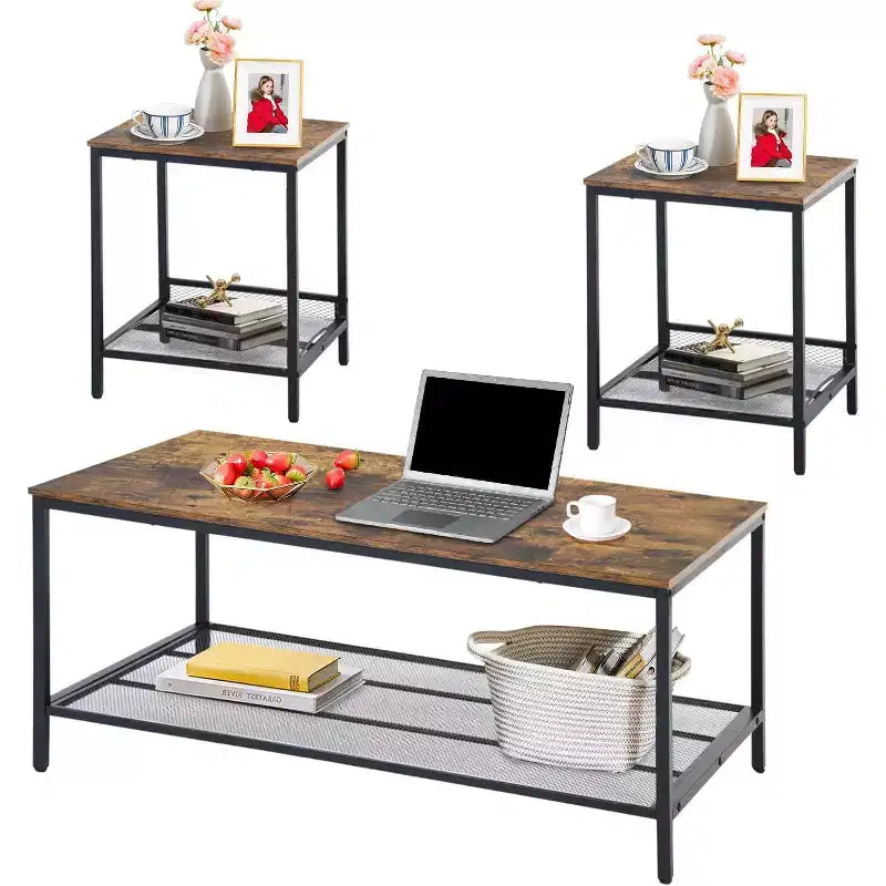 FurnitureR 3 Piece Industrial Coffee Table Set with Storage Shelf, Rustic Living Room Table Set,Includes 1 Coffee Table and 2 End Tables for Sofa Side