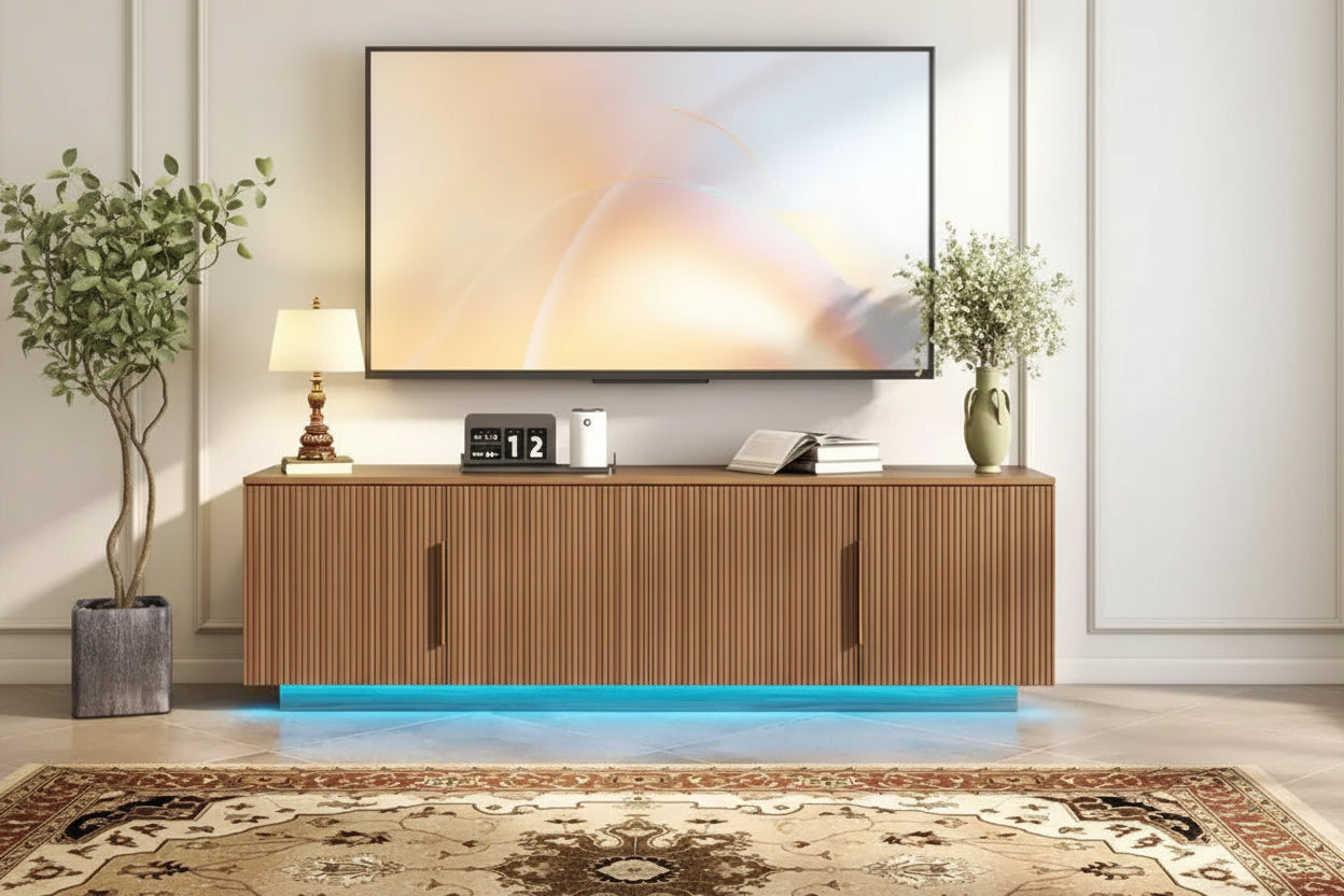 Zevemomo 67.7 Farmhouse TV Stand for 75 Inch TV with 16 Color LED Lights, 6 Storage Compartments, Media Console for Living Room, Brown