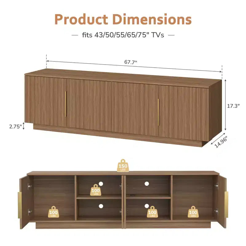 Mobile TV rustico da 172 cm per TV da 75" con luci LED a 16 colori e 6 vani portaoggetti, marrone