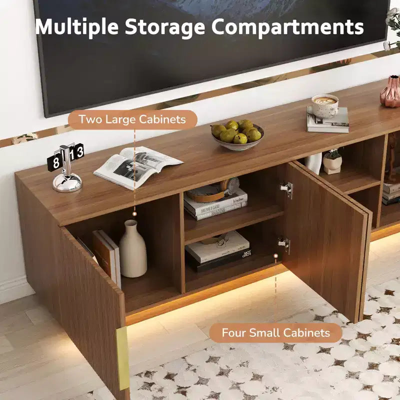 Mobile TV rustico da 172 cm per TV da 75" con luci LED a 16 colori e 6 vani portaoggetti, marrone