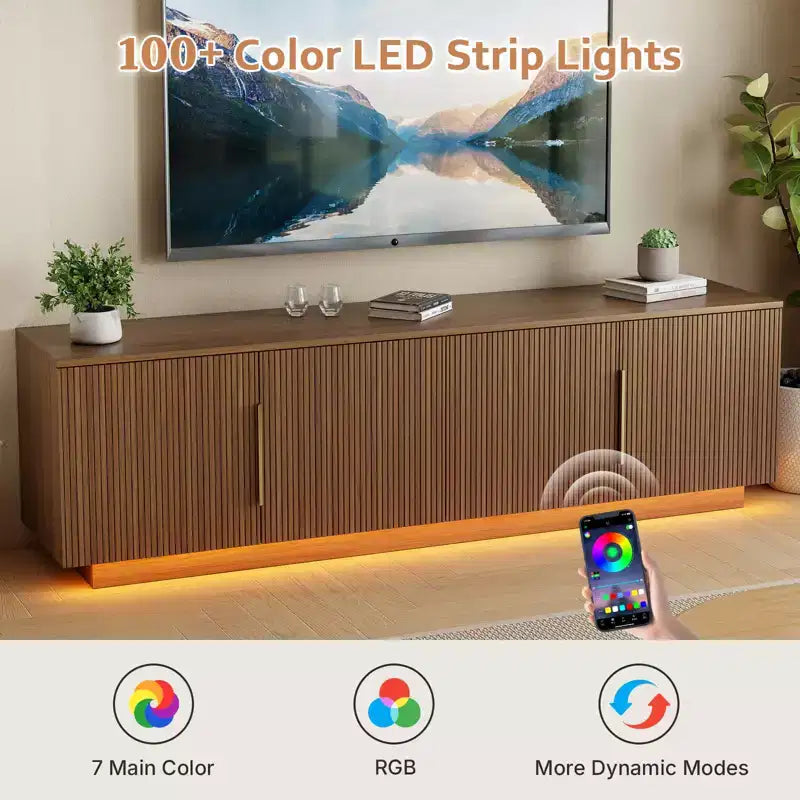 Mobile TV rustico da 172 cm per TV da 75" con luci LED a 16 colori e 6 vani portaoggetti, marrone