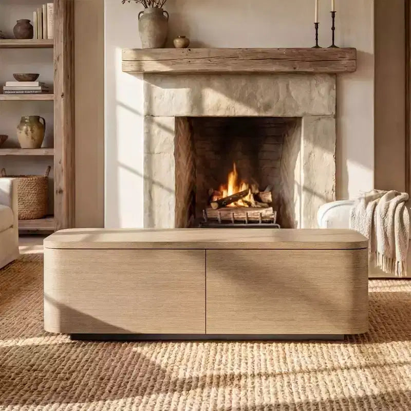 Tavolino da salotto a 4 cassetti con vano contenitore, tavolino moderno per soggiorno, finitura rovere chiaro