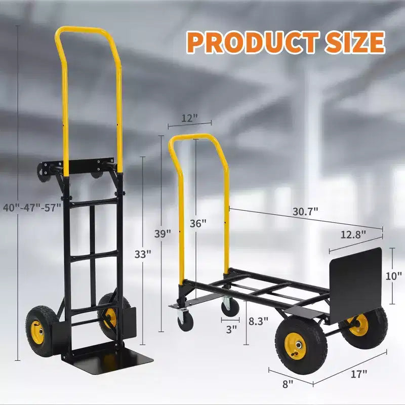 Carrello a mano convertibile, carrello pieghevole 2-in-1 con 4 ruote antiforatura, portata pesante di 180 kg, per traslochi, magazzino, ufficio e uso industriale