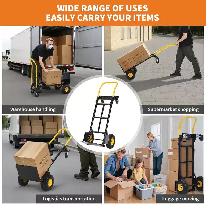 Carrello a mano convertibile, carrello pieghevole 2-in-1 con 4 ruote antiforatura, portata pesante di 180 kg, per traslochi, magazzino, ufficio e uso industriale