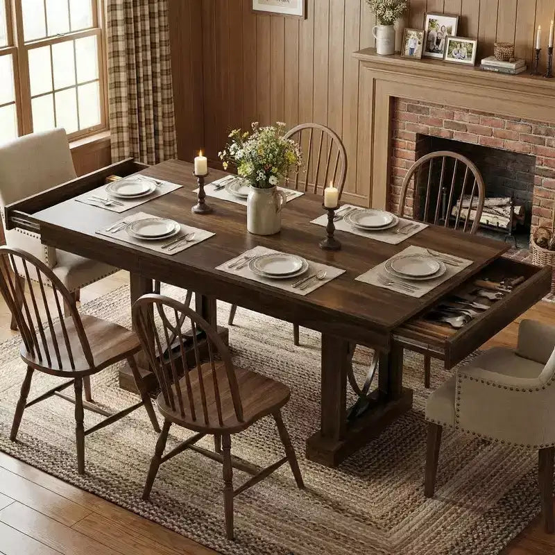 Tavolo da pranzo rettangolare in legno da 71 pollici, stile farmhouse, per 6-8 persone, tavolo da cucina con 2 ampi cassetti e piano spesso, struttura robusta per famiglie numerose