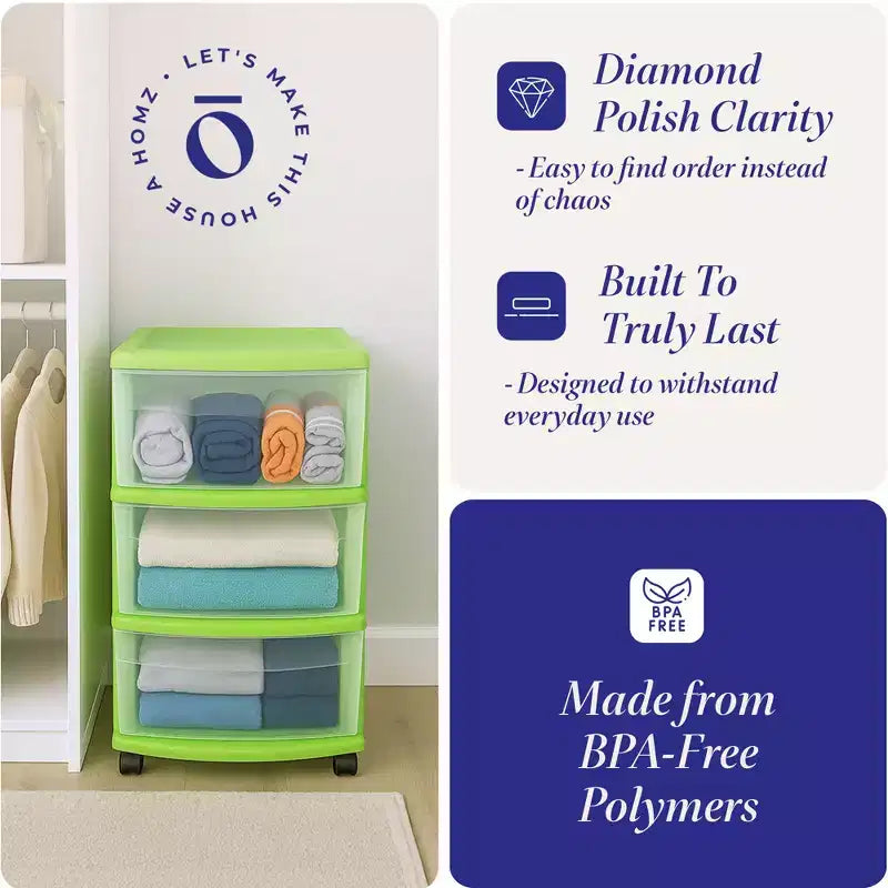 Carrello Organizer a 3 Cassetti con Ruote Rimovibili, Misura Media, Struttura Viola