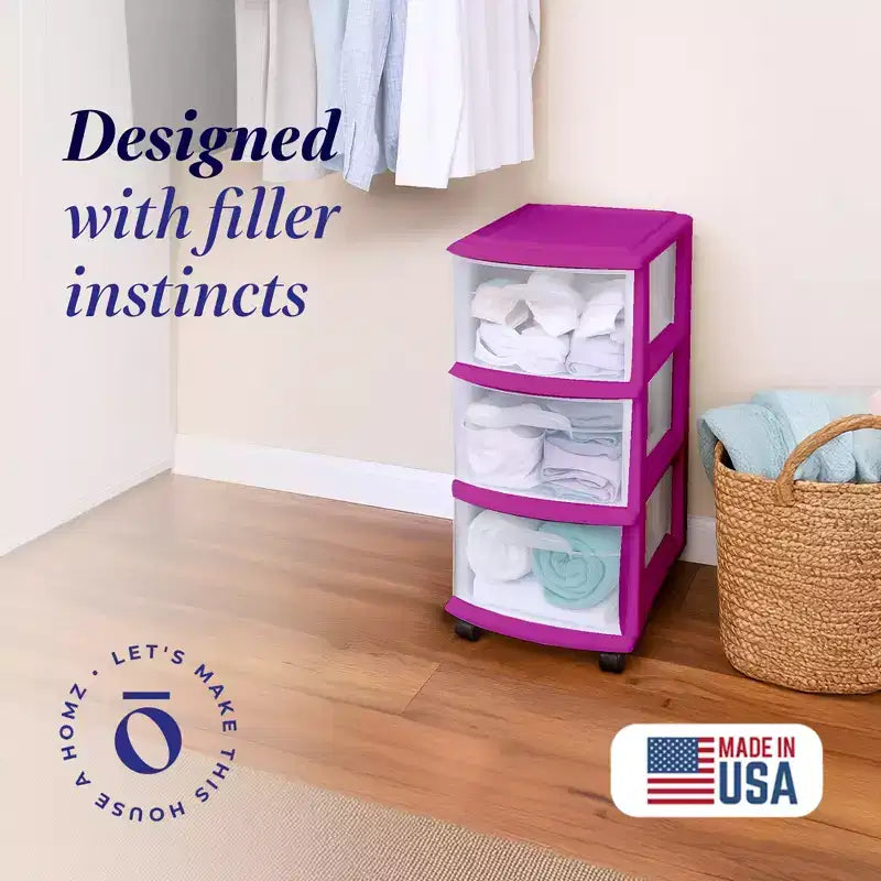 Carrello Organizer a 3 Cassetti con Ruote Rimovibili, Misura Media, Struttura Viola