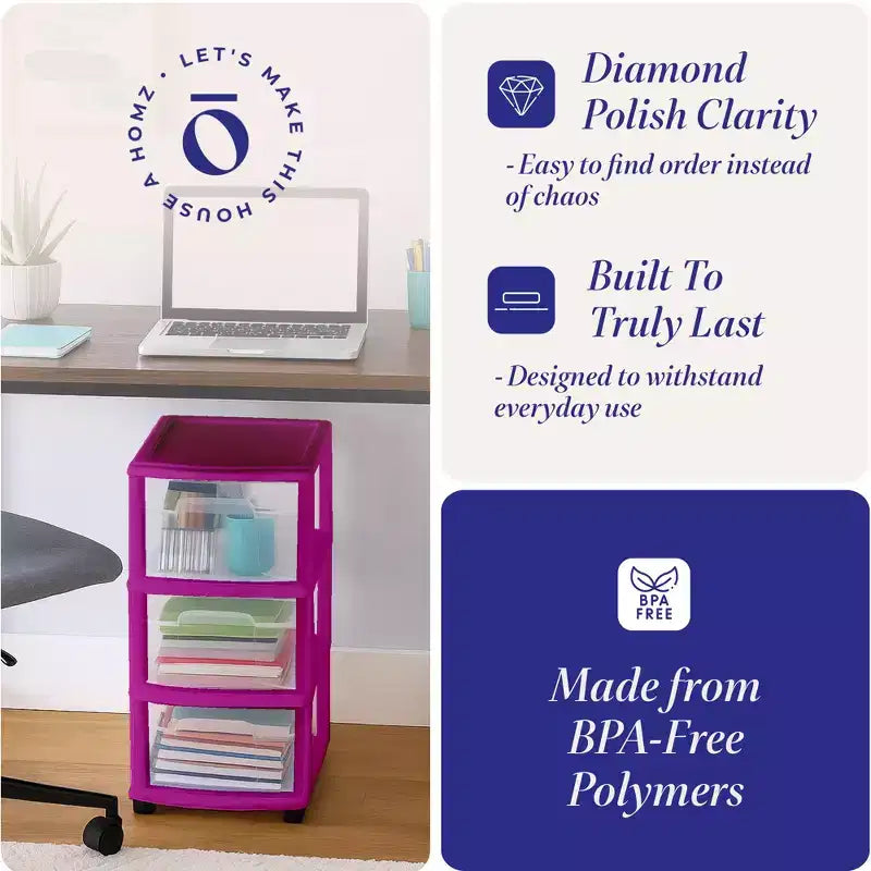 Carrello Organizer a 3 Cassetti con Ruote Rimovibili, Misura Media, Struttura Viola