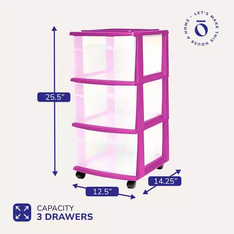 Carrello Organizer a 3 Cassetti con Ruote Rimovibili, Misura Media, Struttura Viola