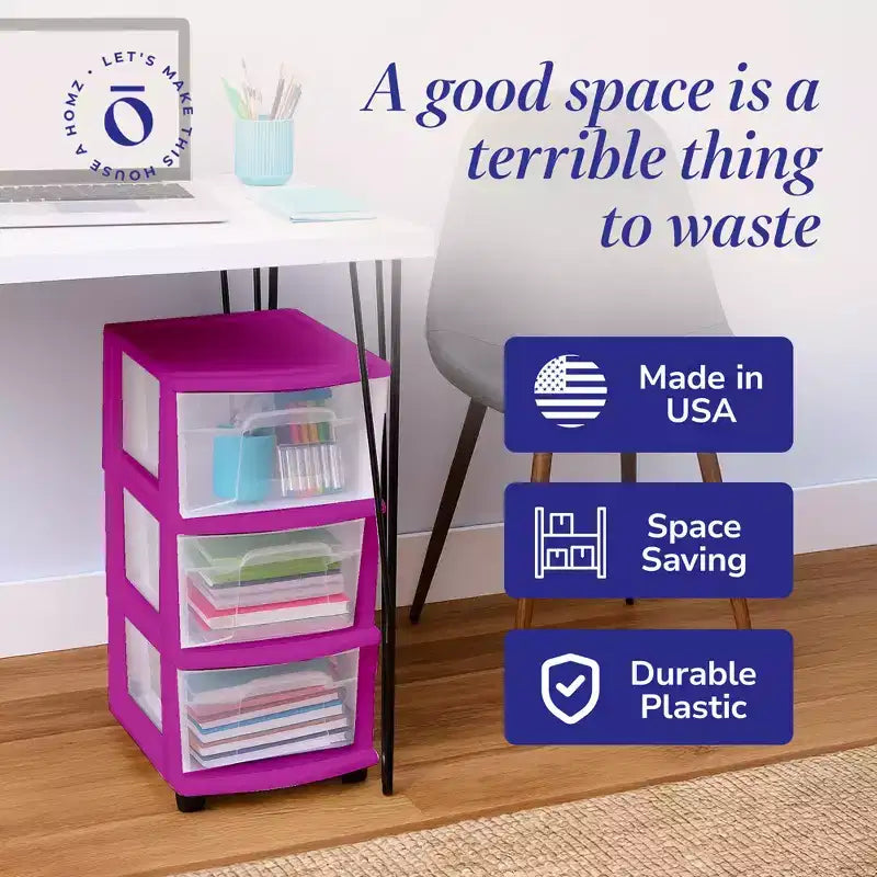 Carrello Organizer a 3 Cassetti con Ruote Rimovibili, Misura Media, Struttura Viola