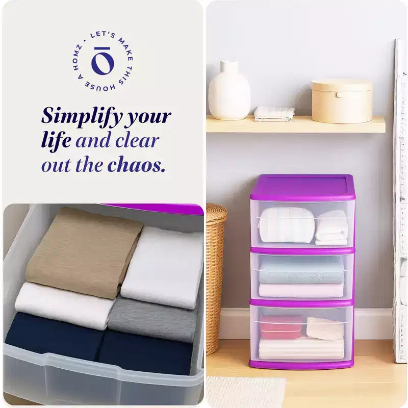 Carrello Organizer a 3 Cassetti con Ruote Rimovibili, Misura Media, Struttura Viola