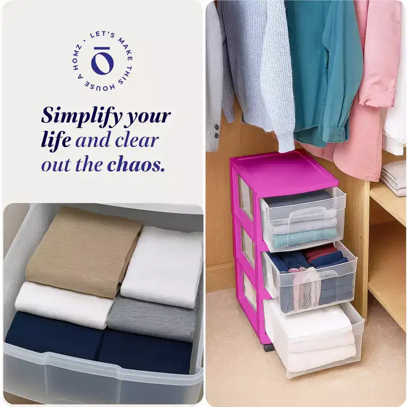 Carrello Organizer a 3 Cassetti con Ruote Rimovibili, Misura Media, Struttura Viola