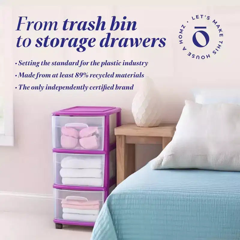 Carrello Organizer a 3 Cassetti con Ruote Rimovibili, Misura Media, Struttura Viola