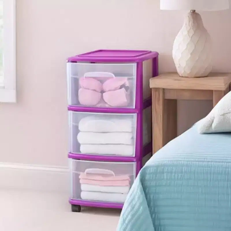 Carrello Organizer a 3 Cassetti con Ruote Rimovibili, Misura Media, Struttura Viola