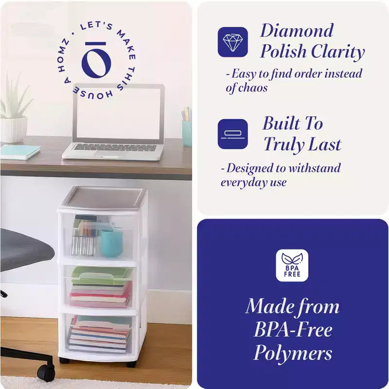 Carrello Organizer a 3 Cassetti con Ruote Rimovibili, Misura Media, Struttura Viola