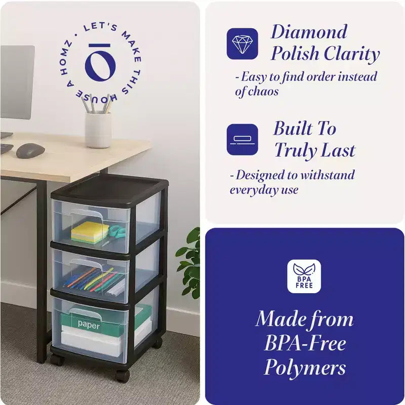 Carrello Organizer a 3 Cassetti con Ruote Rimovibili, Misura Media, Struttura Viola