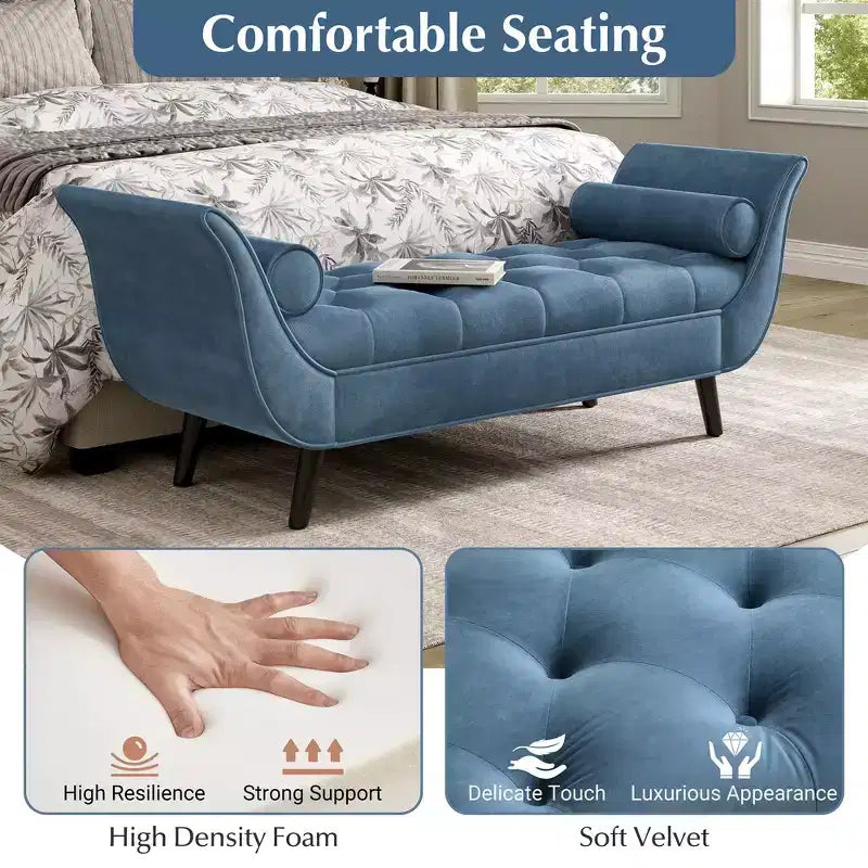 Panca Ottomana con Contenitore da Fine Letto, Velluto Trapuntato, Braccioli Arrotondati, 2 Cuscini e Gambe in Rovere Massiccio