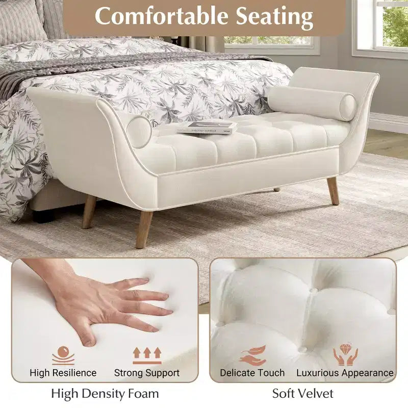 Panca Ottomana con Contenitore da Fine Letto, Velluto Trapuntato, Braccioli Arrotondati, 2 Cuscini e Gambe in Rovere Massiccio