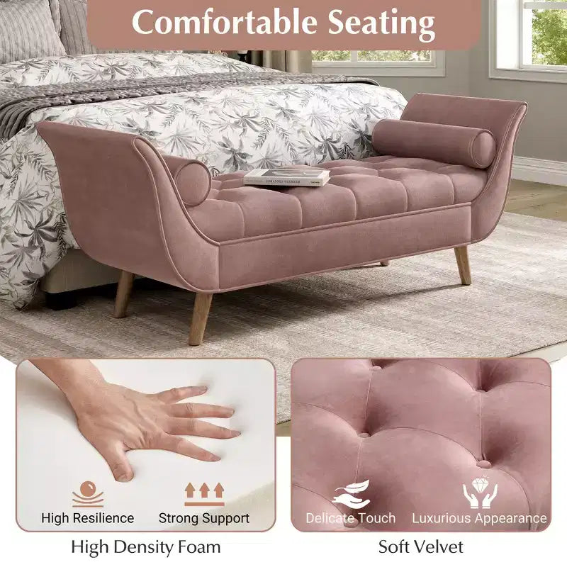 Panca Ottomana con Contenitore da Fine Letto, Velluto Trapuntato, Braccioli Arrotondati, 2 Cuscini e Gambe in Rovere Massiccio