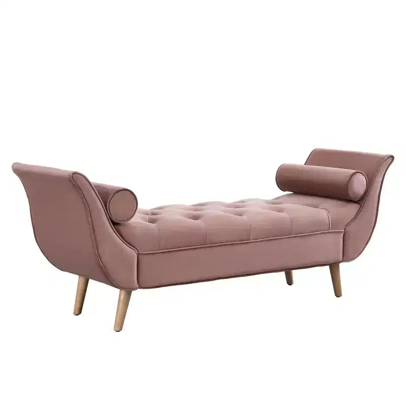 Panca Ottomana con Contenitore da Fine Letto, Velluto Trapuntato, Braccioli Arrotondati, 2 Cuscini e Gambe in Rovere Massiccio
