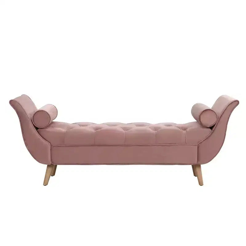 Panca Ottomana con Contenitore da Fine Letto, Velluto Trapuntato, Braccioli Arrotondati, 2 Cuscini e Gambe in Rovere Massiccio