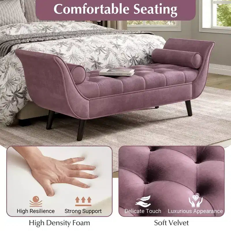 Panca Ottomana con Contenitore da Fine Letto, Velluto Trapuntato, Braccioli Arrotondati, 2 Cuscini e Gambe in Rovere Massiccio