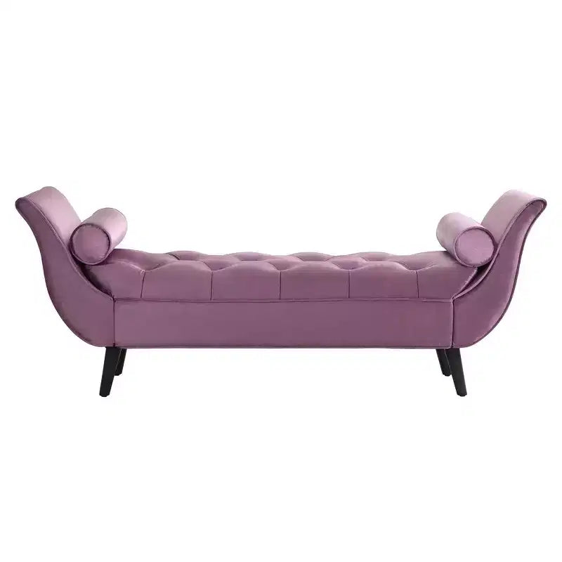 Panca Ottomana con Contenitore da Fine Letto, Velluto Trapuntato, Braccioli Arrotondati, 2 Cuscini e Gambe in Rovere Massiccio