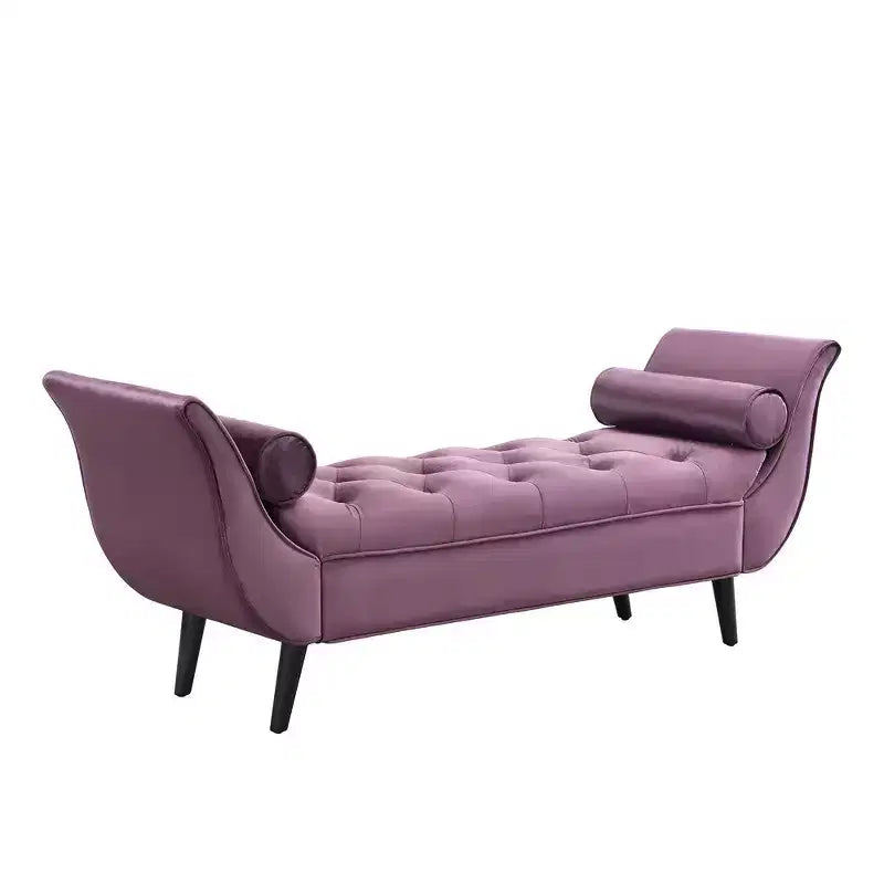 Panca Ottomana con Contenitore da Fine Letto, Velluto Trapuntato, Braccioli Arrotondati, 2 Cuscini e Gambe in Rovere Massiccio