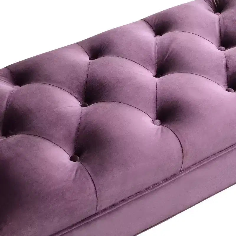 Panca Ottomana con Contenitore da Fine Letto, Velluto Trapuntato, Braccioli Arrotondati, 2 Cuscini e Gambe in Rovere Massiccio