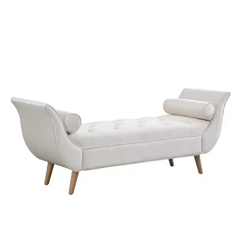 Panca Ottomana con Contenitore da Fine Letto, Velluto Trapuntato, Braccioli Arrotondati, 2 Cuscini e Gambe in Rovere Massiccio