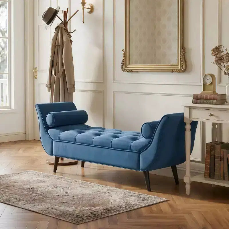 Panca Ottomana con Contenitore da Fine Letto, Velluto Trapuntato, Braccioli Arrotondati, 2 Cuscini e Gambe in Rovere Massiccio
