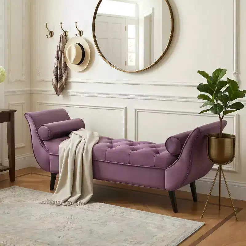 Panca Ottomana con Contenitore da Fine Letto, Velluto Trapuntato, Braccioli Arrotondati, 2 Cuscini e Gambe in Rovere Massiccio