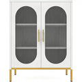 White Metal Double Arched Fluted Glass Cabinet, 2 Glass Doors Storage Cabinet with Adjustable Shelves, Modern Sideboard for Living Room, Dining Room