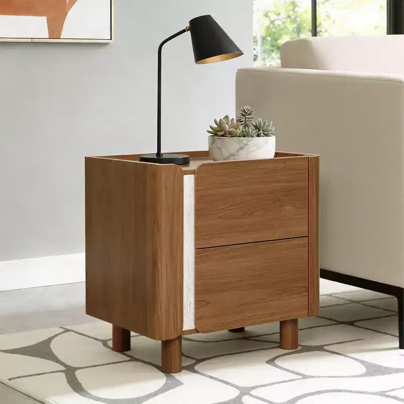 21.6" Comodino Marrone con 2 Cassetti, Tavolino da Notte Moderno di Metà Secolo per Camera da Letto e Soggiorno