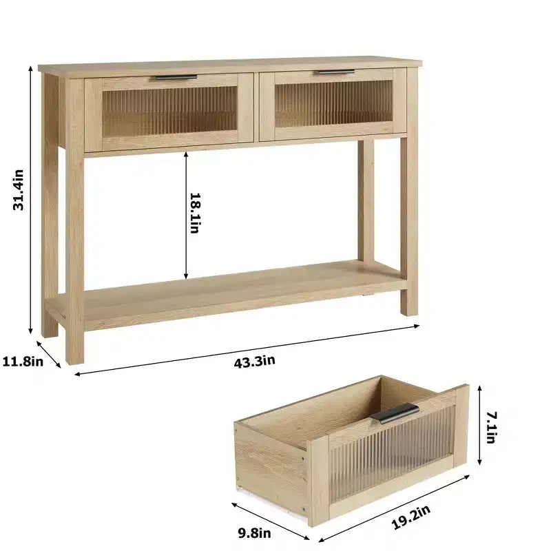 Consolle in Legno per Ingresso, Tavolo da Divano Stretto da 110 cm con 2 Cassetti in Vetro, Ripiano Contenitore in MDF Stile Rustico per Salotto e Foyer