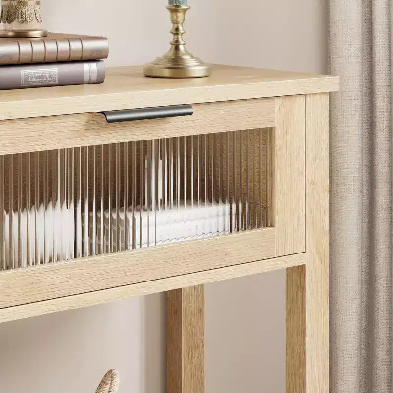Consolle in Legno per Ingresso, Tavolo da Divano Stretto da 110 cm con 2 Cassetti in Vetro, Ripiano Contenitore in MDF Stile Rustico per Salotto e Foyer