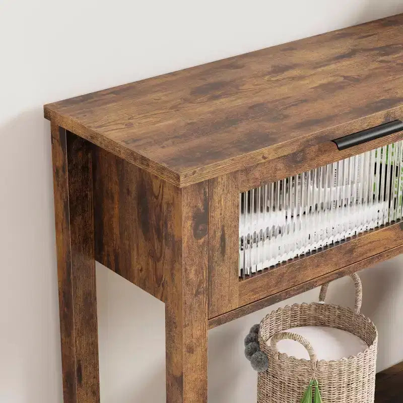 Consolle in Legno per Ingresso, Tavolo da Divano Stretto da 110 cm con 2 Cassetti in Vetro, Ripiano Contenitore in MDF Stile Rustico per Salotto e Foyer