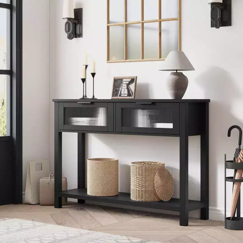 Consolle in Legno per Ingresso, Tavolo da Divano Stretto da 110 cm con 2 Cassetti in Vetro, Ripiano Contenitore in MDF Stile Rustico per Salotto e Foyer