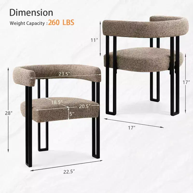 Set di 4 sedie da pranzo moderne imbottite con braccioli, schienale curvo e gambe in metallo nero