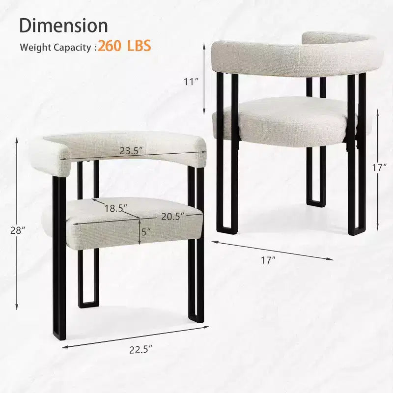 Set di 4 sedie da pranzo moderne imbottite con braccioli, schienale curvo e gambe in metallo nero
