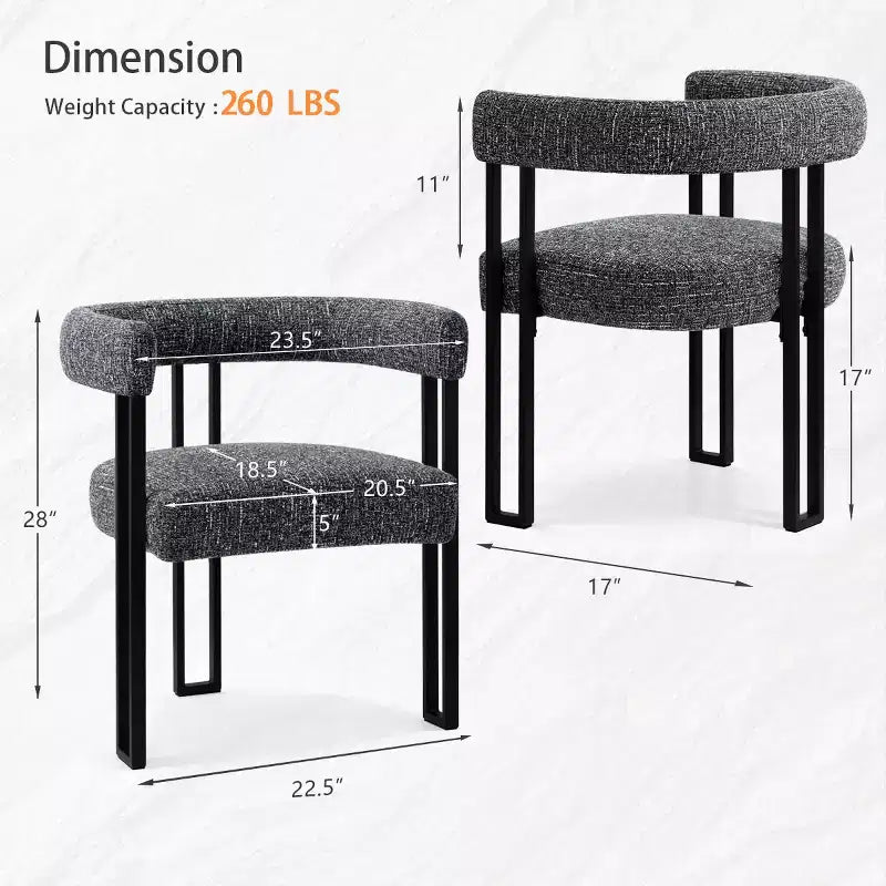 Set di 4 sedie da pranzo moderne imbottite con braccioli, schienale curvo e gambe in metallo nero