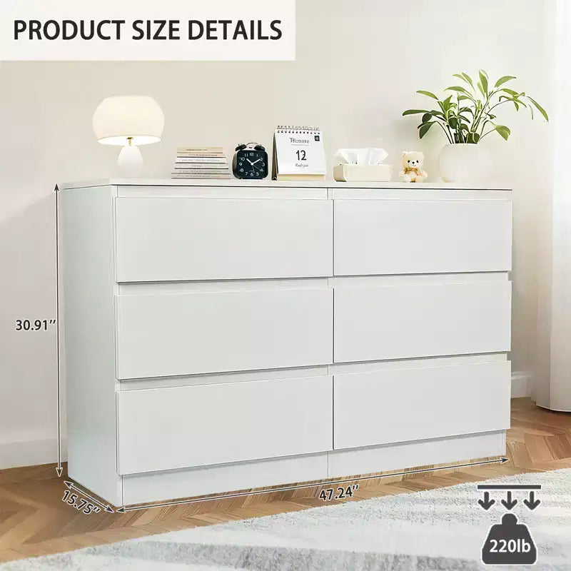 Comò bianco a 6 cassetti, comò moderno per camera da letto con piano spazioso, mobile in legno con maniglie a scomparsa e 6 cassetti profondi per camera da letto