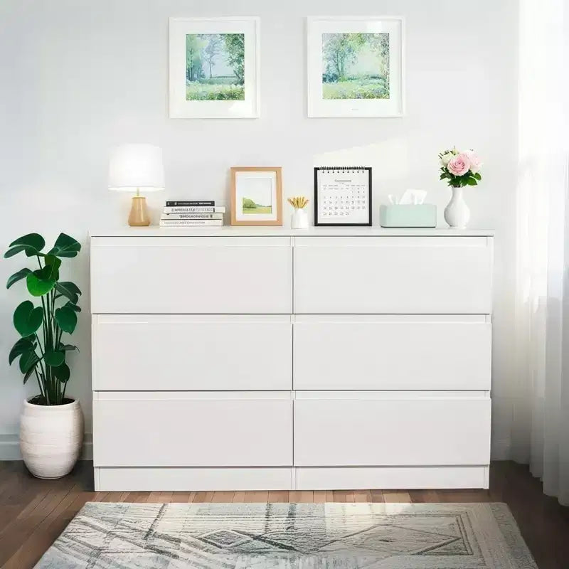 Comò bianco a 6 cassetti, comò moderno per camera da letto con piano spazioso, mobile in legno con maniglie a scomparsa e 6 cassetti profondi per camera da letto